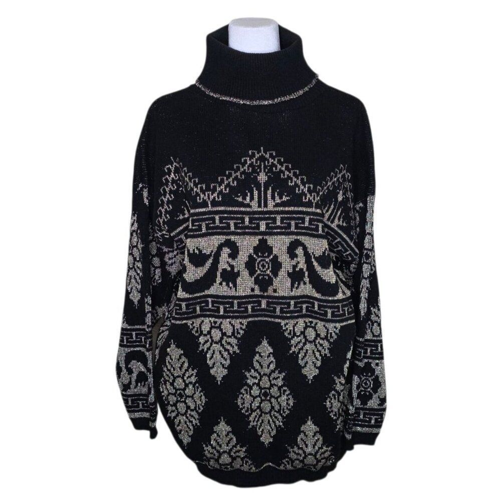 Rose Vintage 80s Turtleneck Sweater Womens Size XL Black and Gold